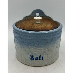 Primitive Antique Salt Crock Jar Country Blue White Lid Stoneware Wall Hanging